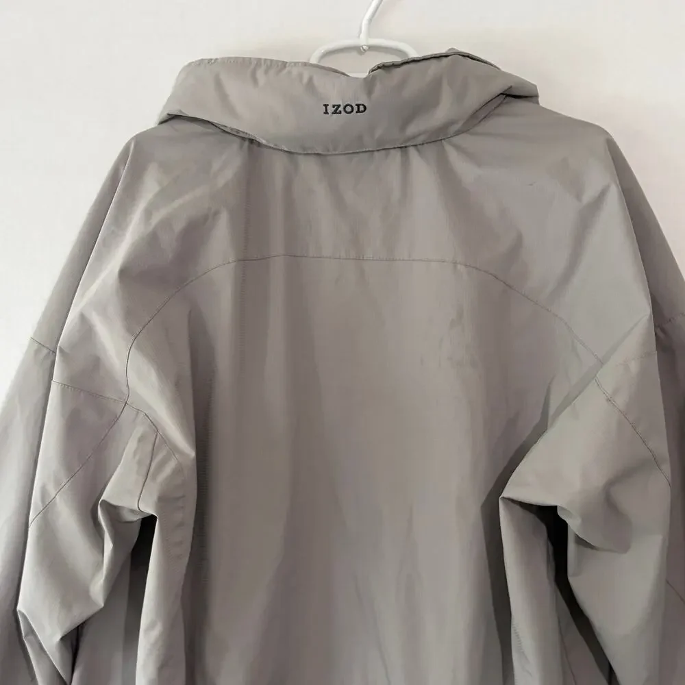 IZOD Golf Jacket Mens Medium Gray Windbreaker Roll Up Hood Lightweight Full Zip
